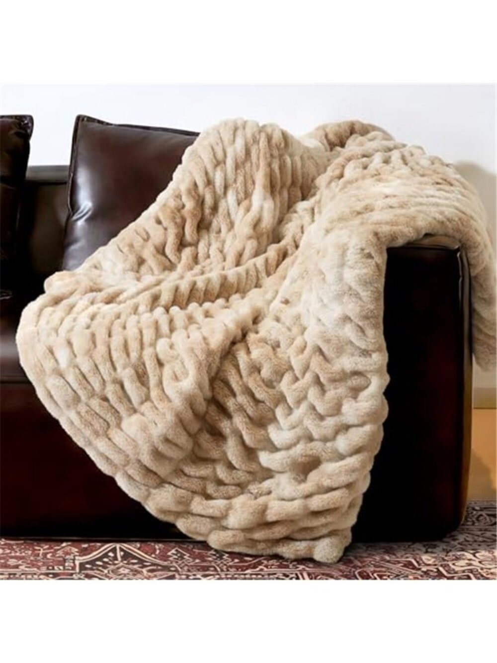 Faux Rabbit Fur Throw Blanket Plush Soft Warm Tie Dye Khaki Couch Sofa Bed Blank